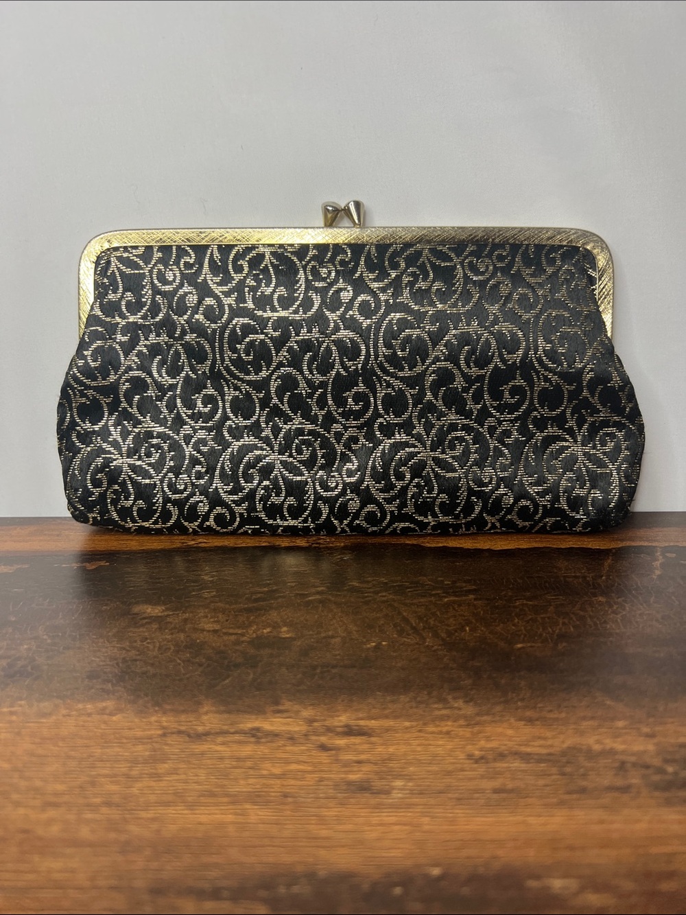 Vintage Black and Gold Scroll-Pattern Frame Clutch